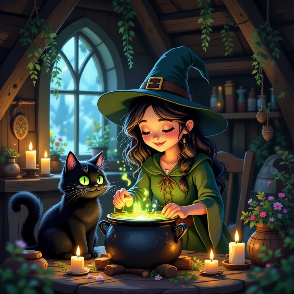 Young Witch and Black Cat in Cozy Cottage