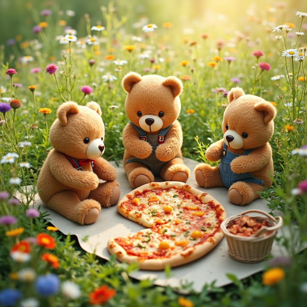a pizza picnic with teddy bears <lora:pizza:1.0>