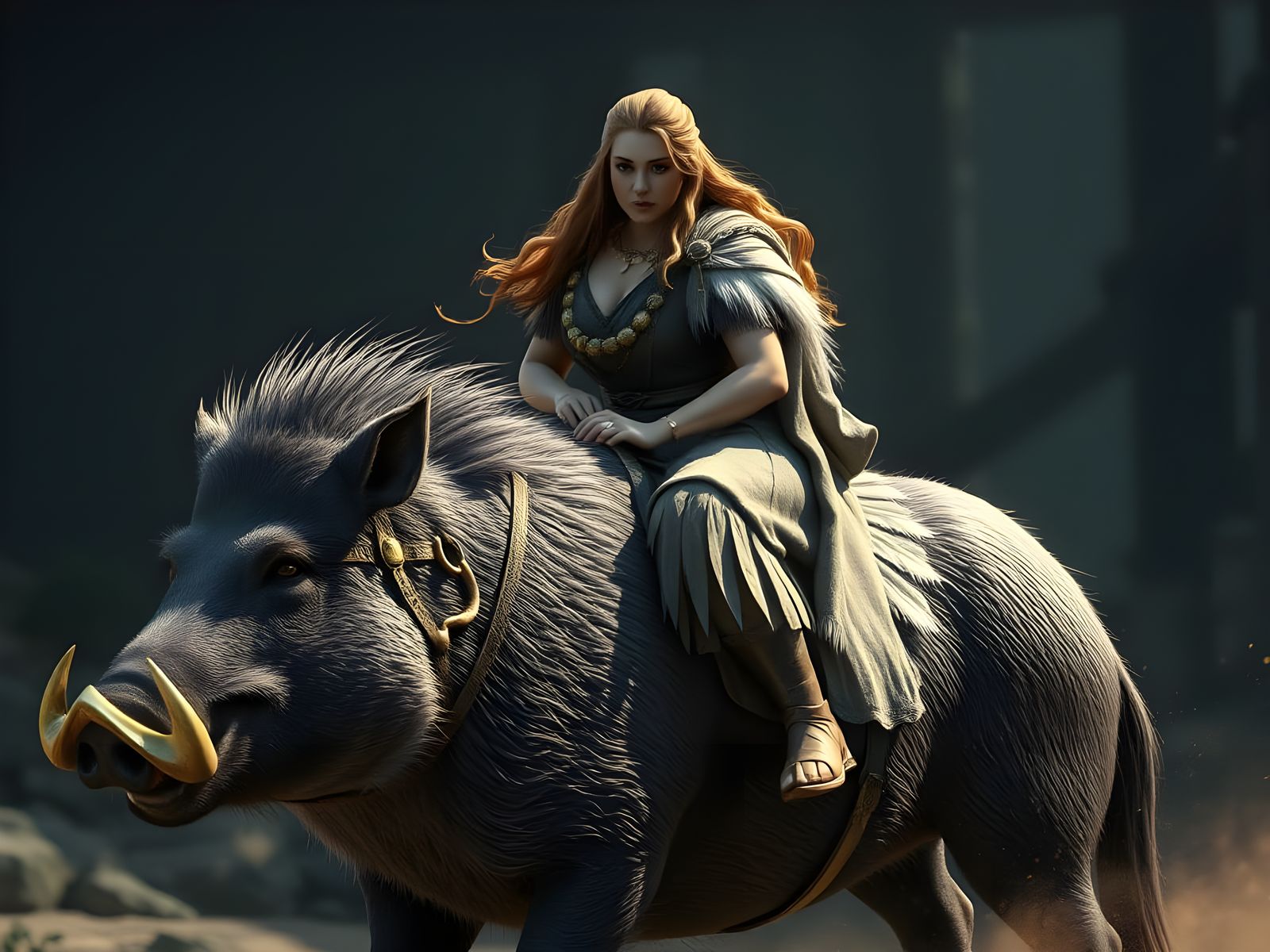 Norse Goddess Freyja Rides Majestic Battle-Boar Hildisvini