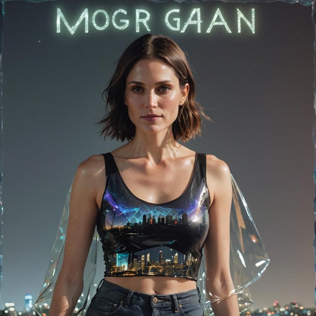 Morgan Webb in Transparent Top, Cityscape Background