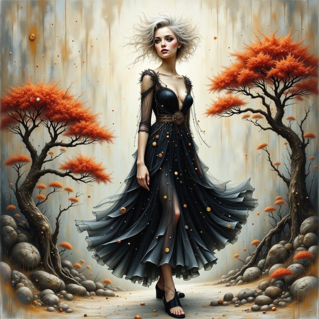 Ethereal Woman with Iridescent Ribbons and Bonsai Trees