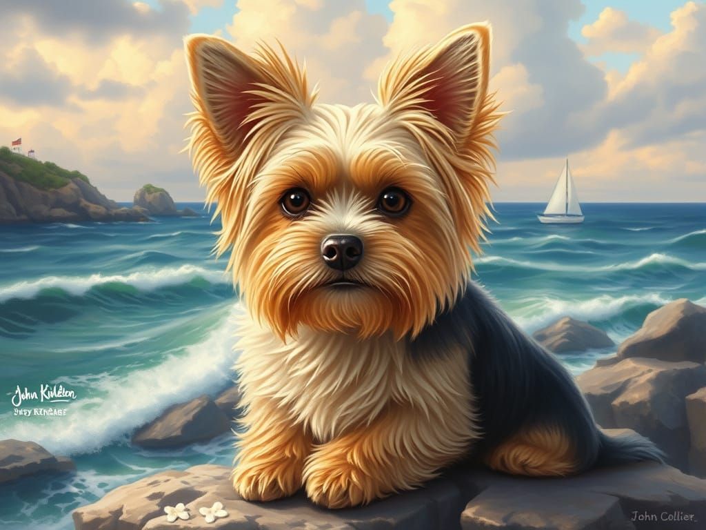 Cozy Cottage Landscape with Adorable Yorkie in Whimsical Sto...