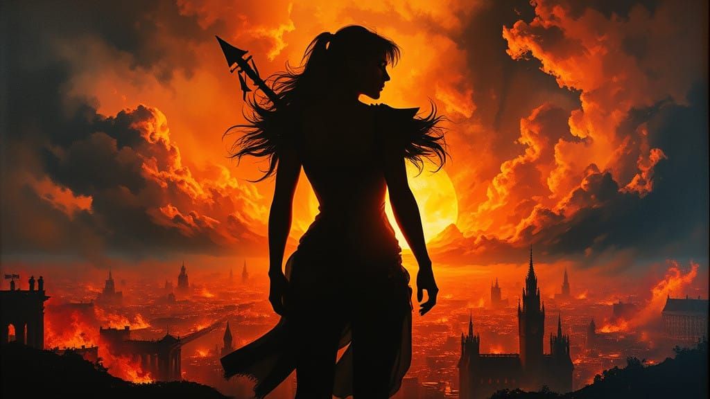 Heroic Figure Amidst Burning Cityscape