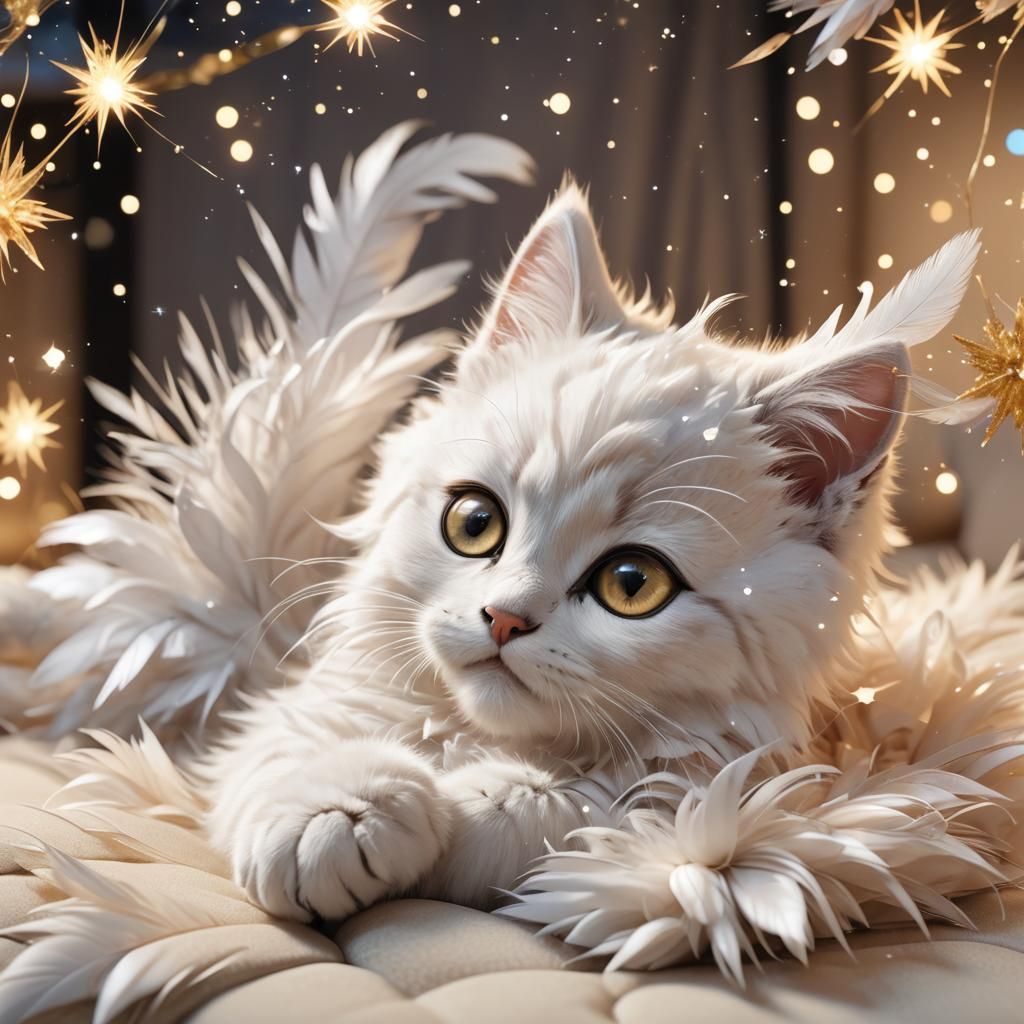 Cute Kitten Surrounded by Feathers in Anime Style