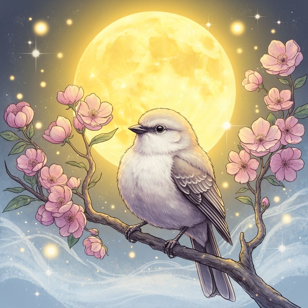 Fluffy Bird on Branch Under Moon in Pastel Colors