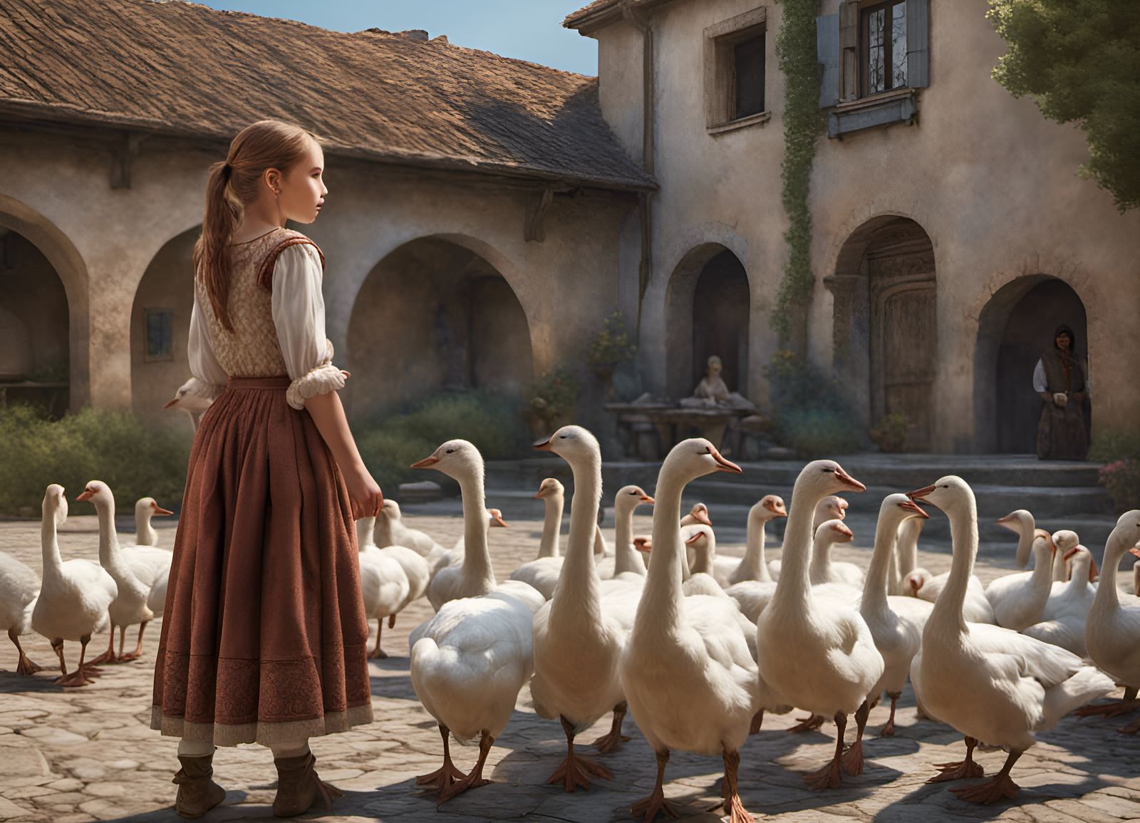 Peasant girl looks after geese