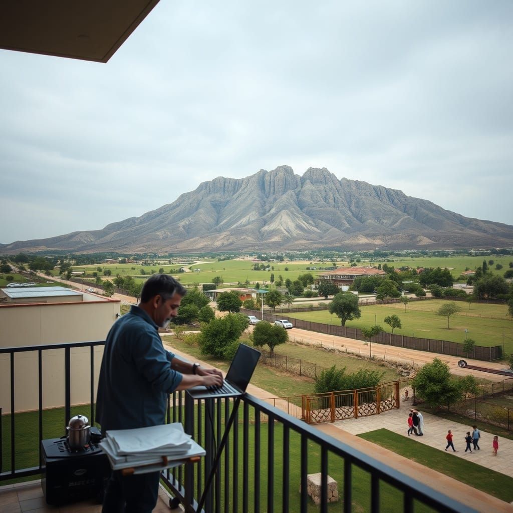 Balcony Worker Overlooking Mountain Ridge and Kibbutz