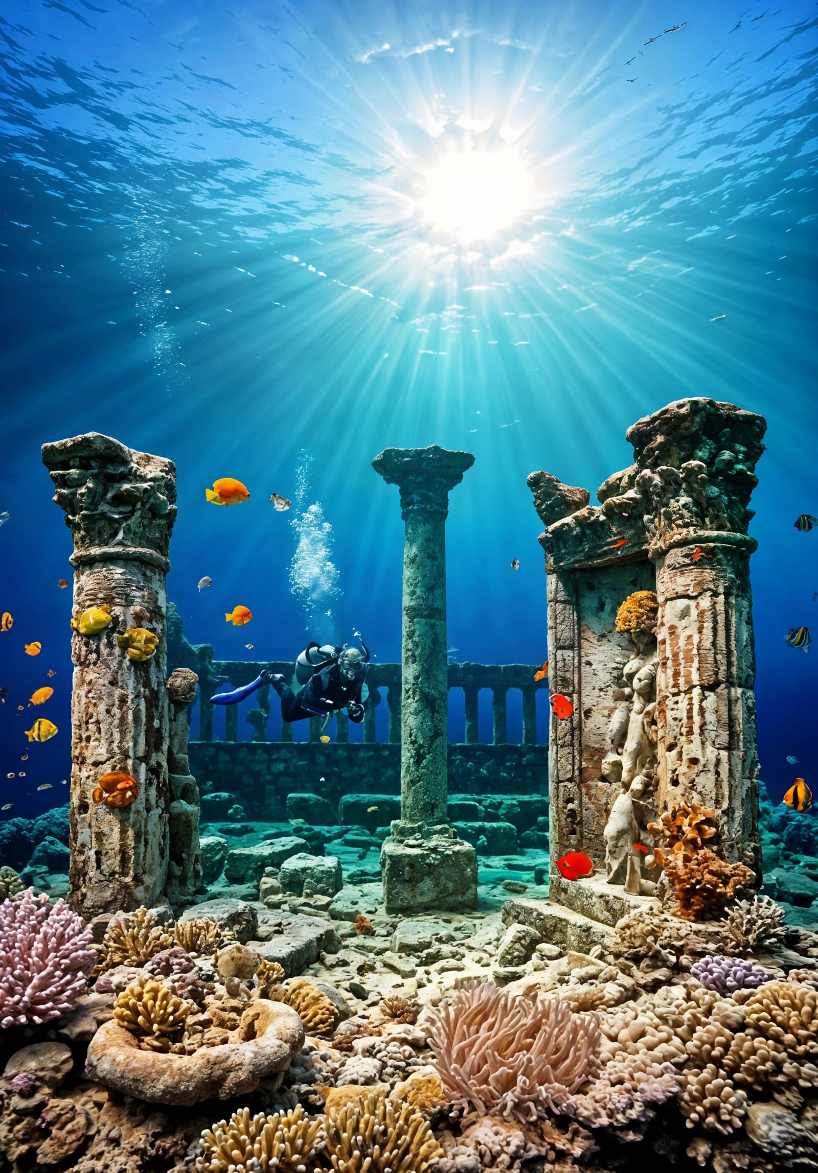 Underwater Temple Ruins with Scuba Diver