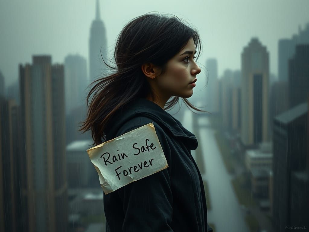 Young Woman Contemplates Rainy Cityscape with Haunting Note
