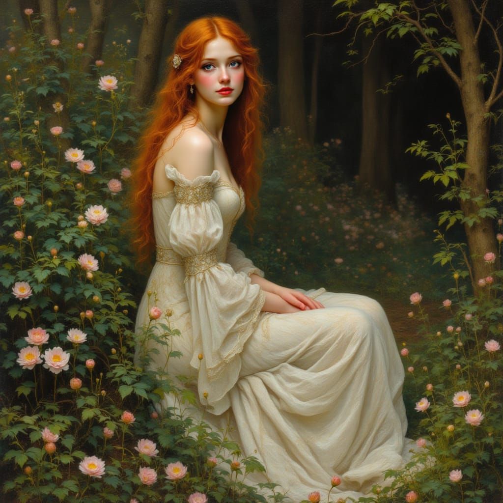 Pre-Raphaelite Woman in Lush Garden Setting
