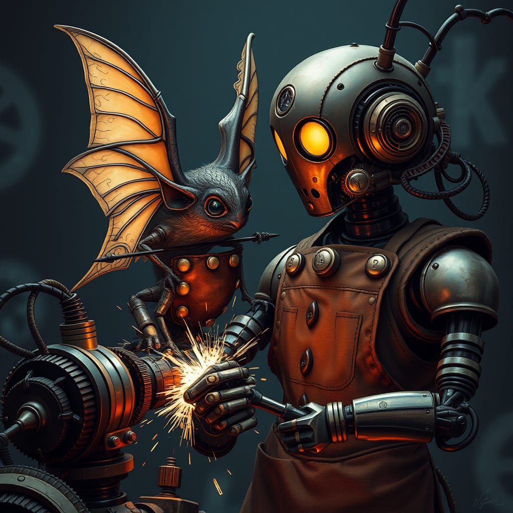 Clockwork Bat Assists Android in Whimsical Machinery Scene