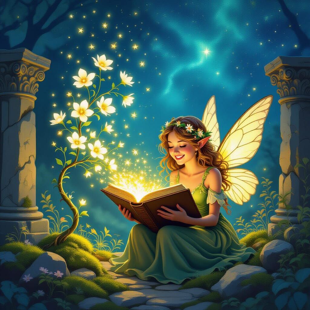 The fairy joyfully opens a forgotten book and from its pages...