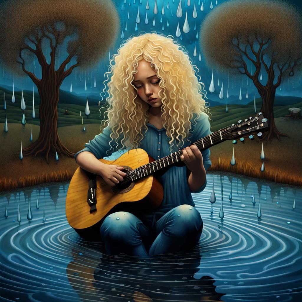 Teenage Girl's Guitar with Teardrops, a Surreal Painting