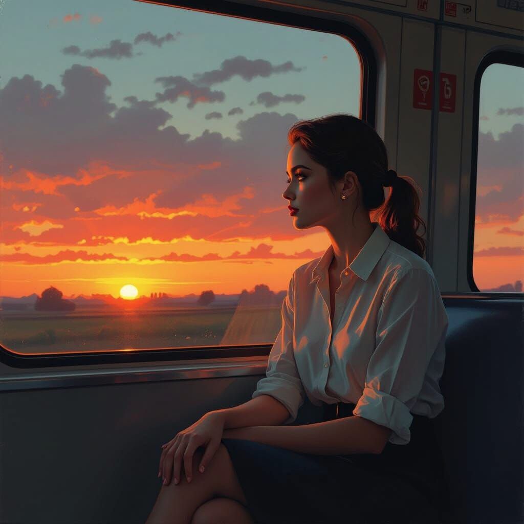 Contemplative Woman on Train in Sunset Light