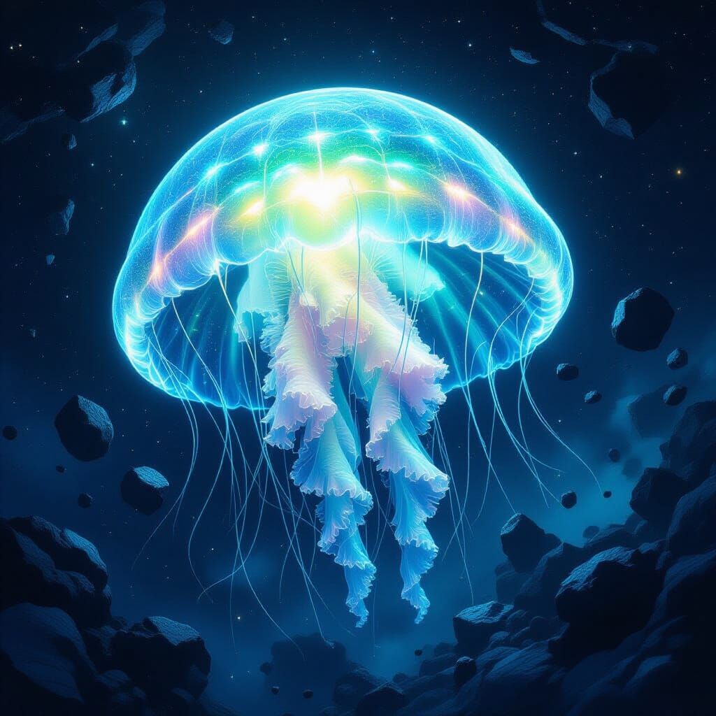 Bioluminescent Jellyfish Drifting Through Space