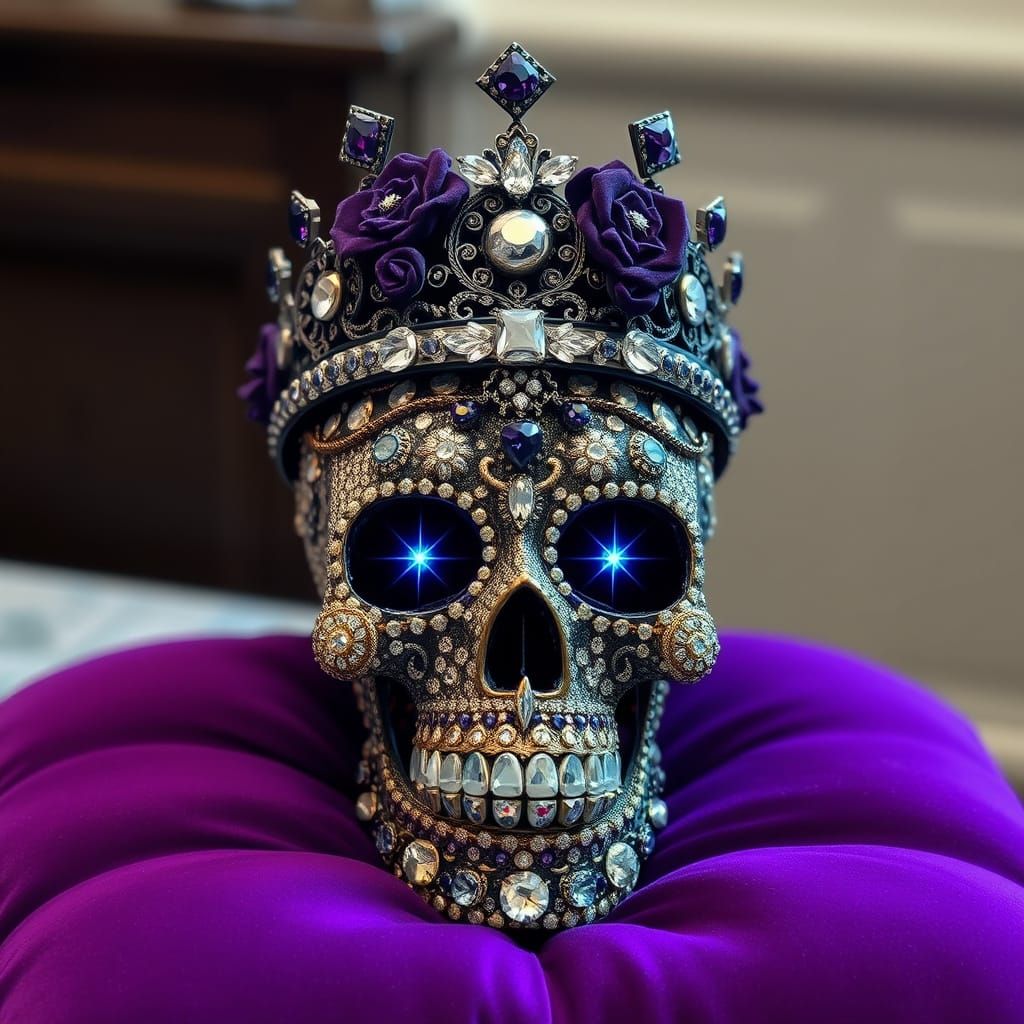 Jeweled Skull with Dark Floral Crown on Velvet Pillow