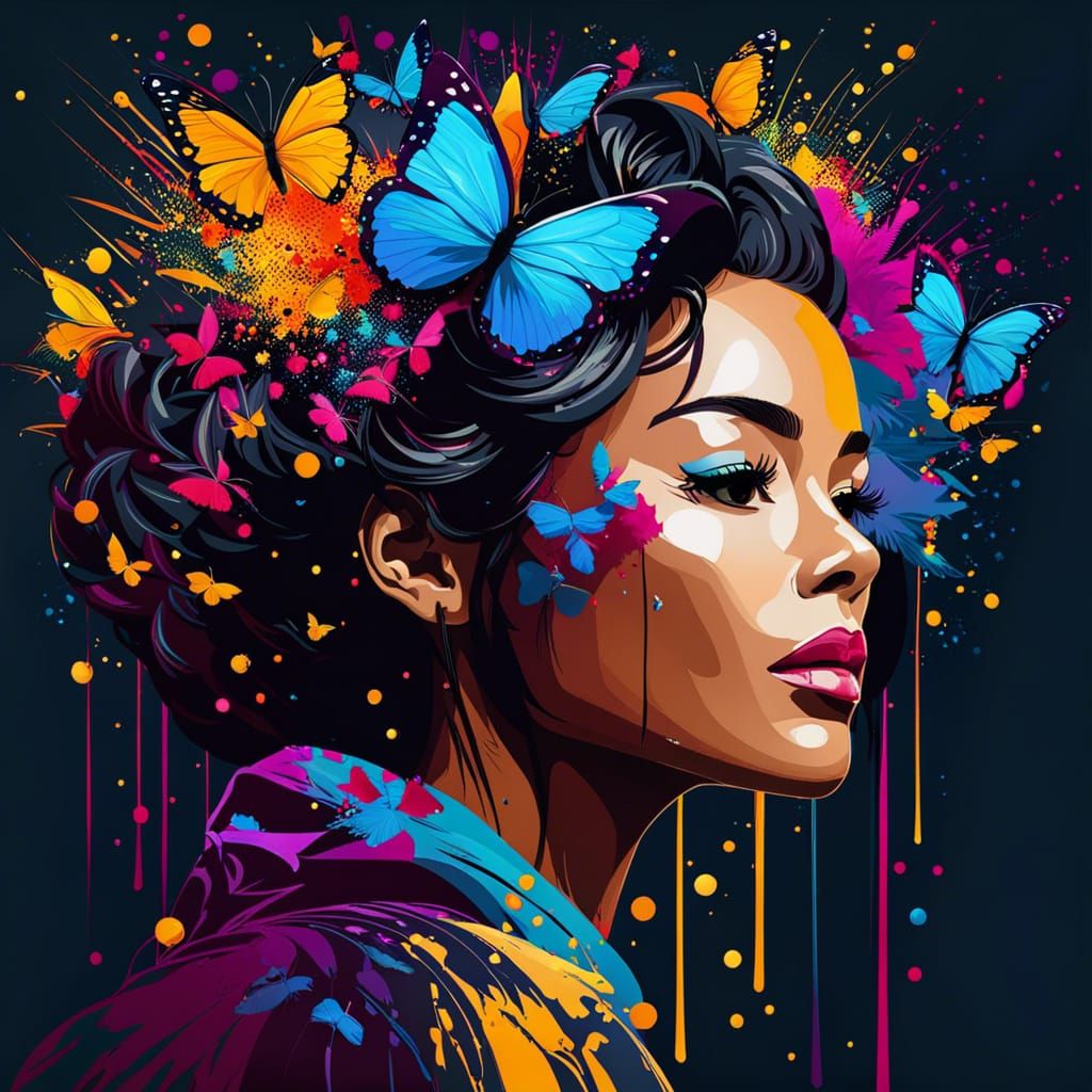 Butterfly Woman Inkblot Portrait in Expressionist Style