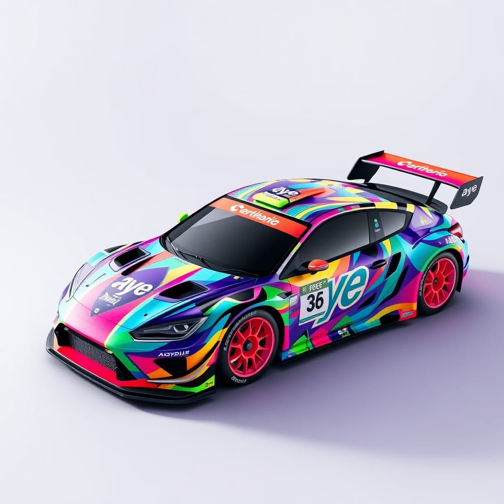 Rally car wrapped in "aye" artwork