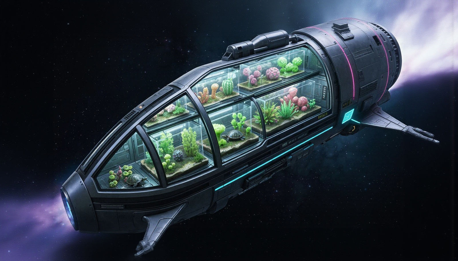 Neon Cyberpunk Rocket Terrarium in Space