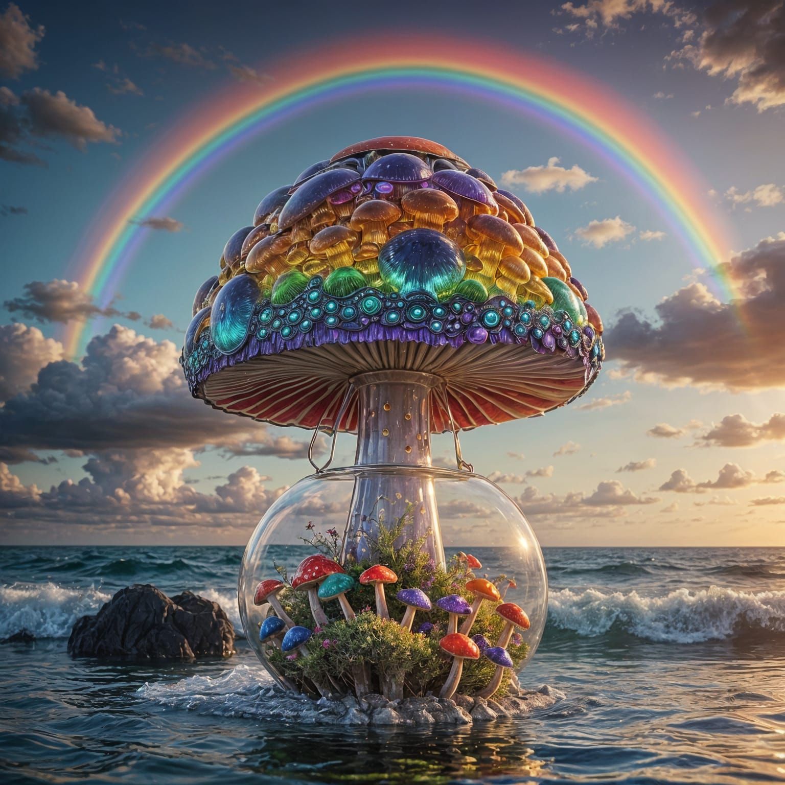 Glowing Ruby Mushroom Floats in Majestic Ocean Scene