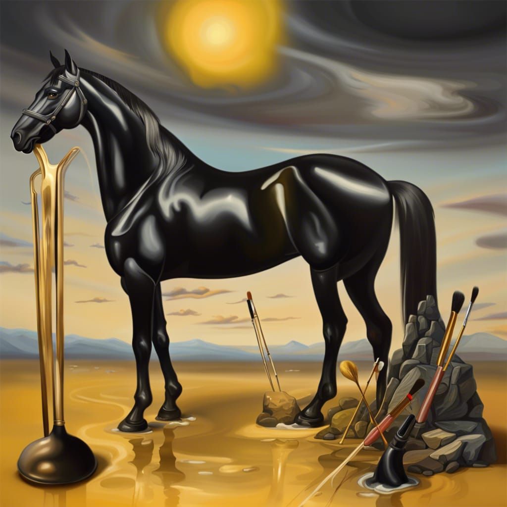 Surreal Black Horse Surrounded by Paintbrushes