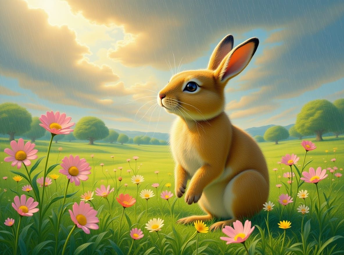 Rabbit in Summer Rain: Impressionistic Painting
