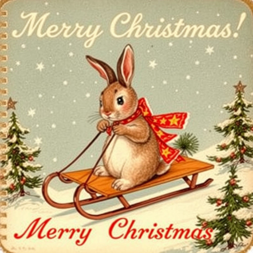 Rabbit Pulling Sleds: Vintage Holiday Postcard