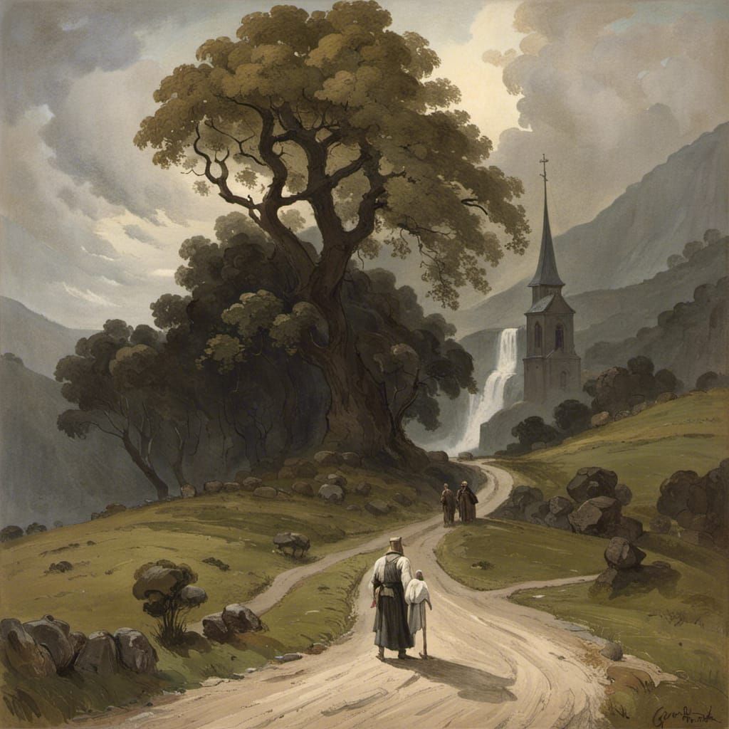 Eerie Landscape: Church, Priest, and Soldier in Horror Style