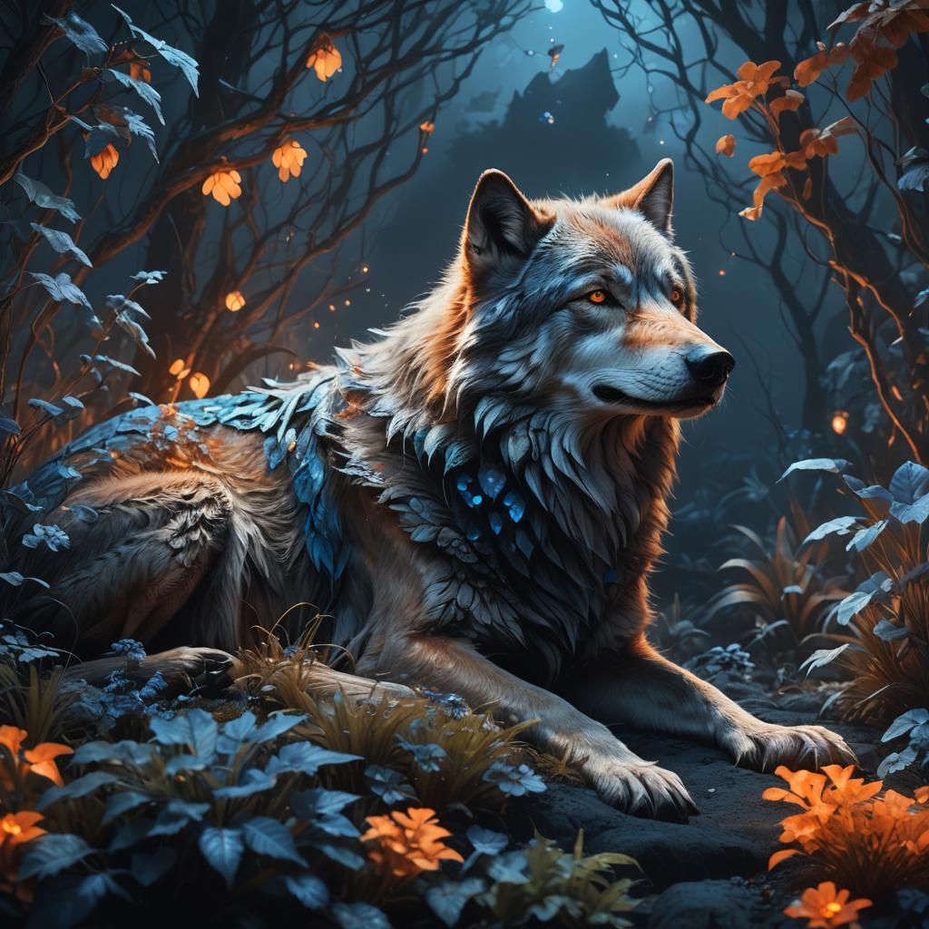 Wolf Sleeping in Bioluminescent Forest: Matte Painting