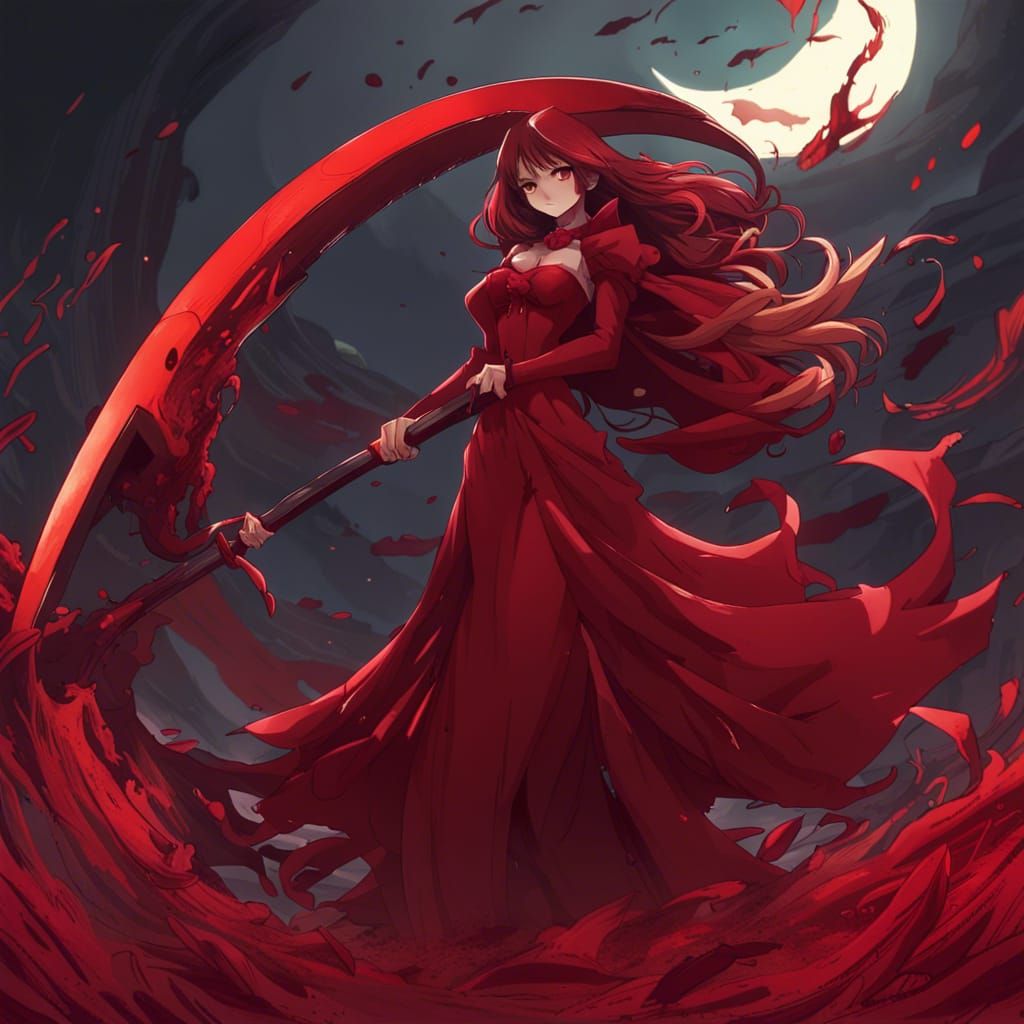 Anime Grim Reaper in Red Dress with Scythe