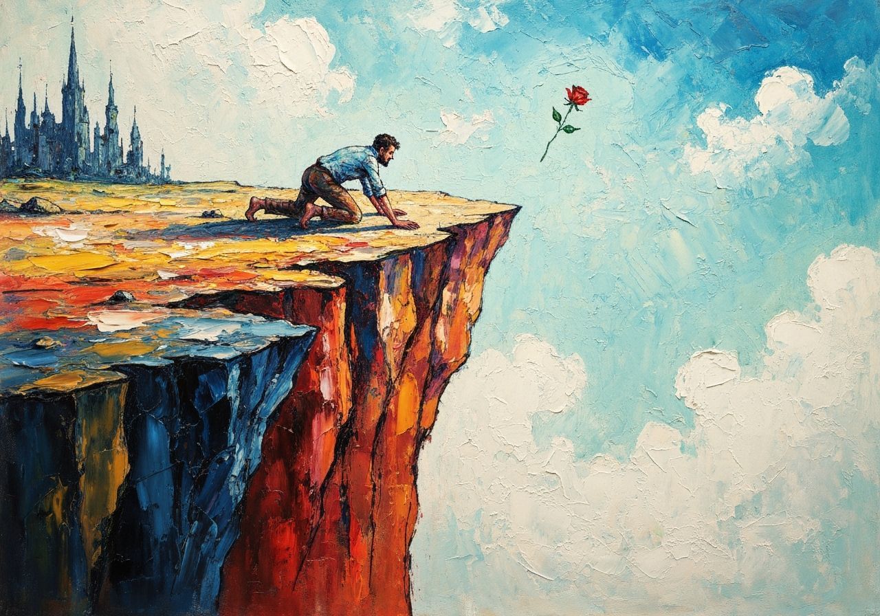 Expressionist Man Reaching for Falling Rose at Cliff Edge