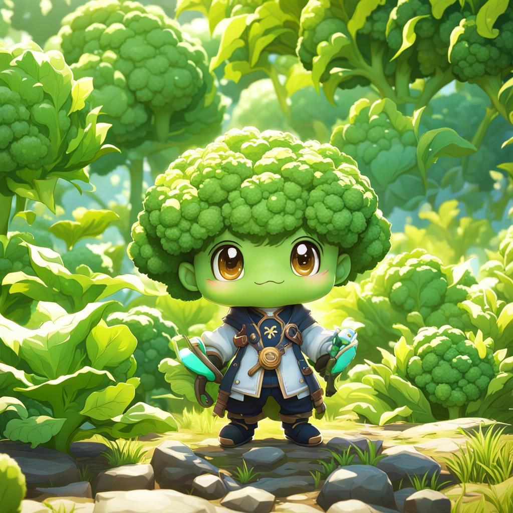 Cute Chibi Broccoli Farmer in Anime Style