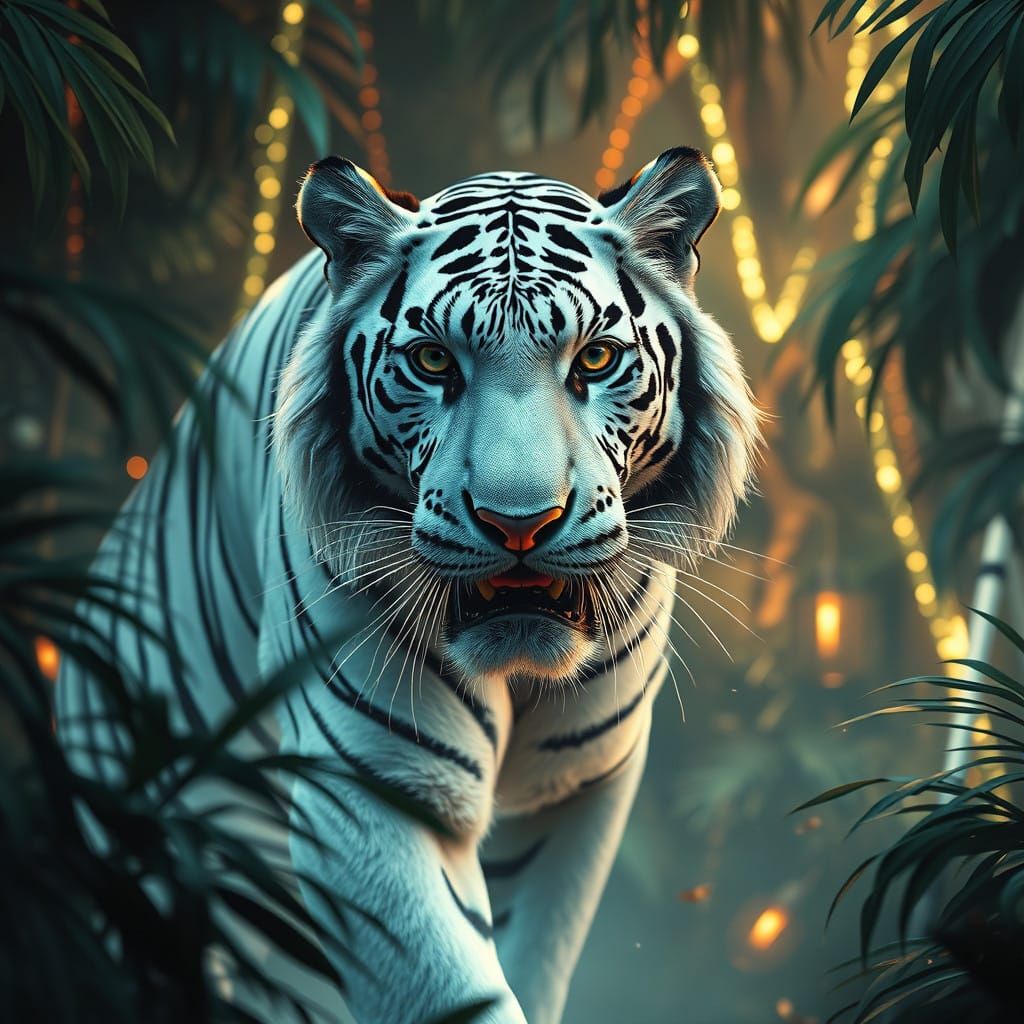 Stunning Neon Jungle Scene with Epic White Tiger