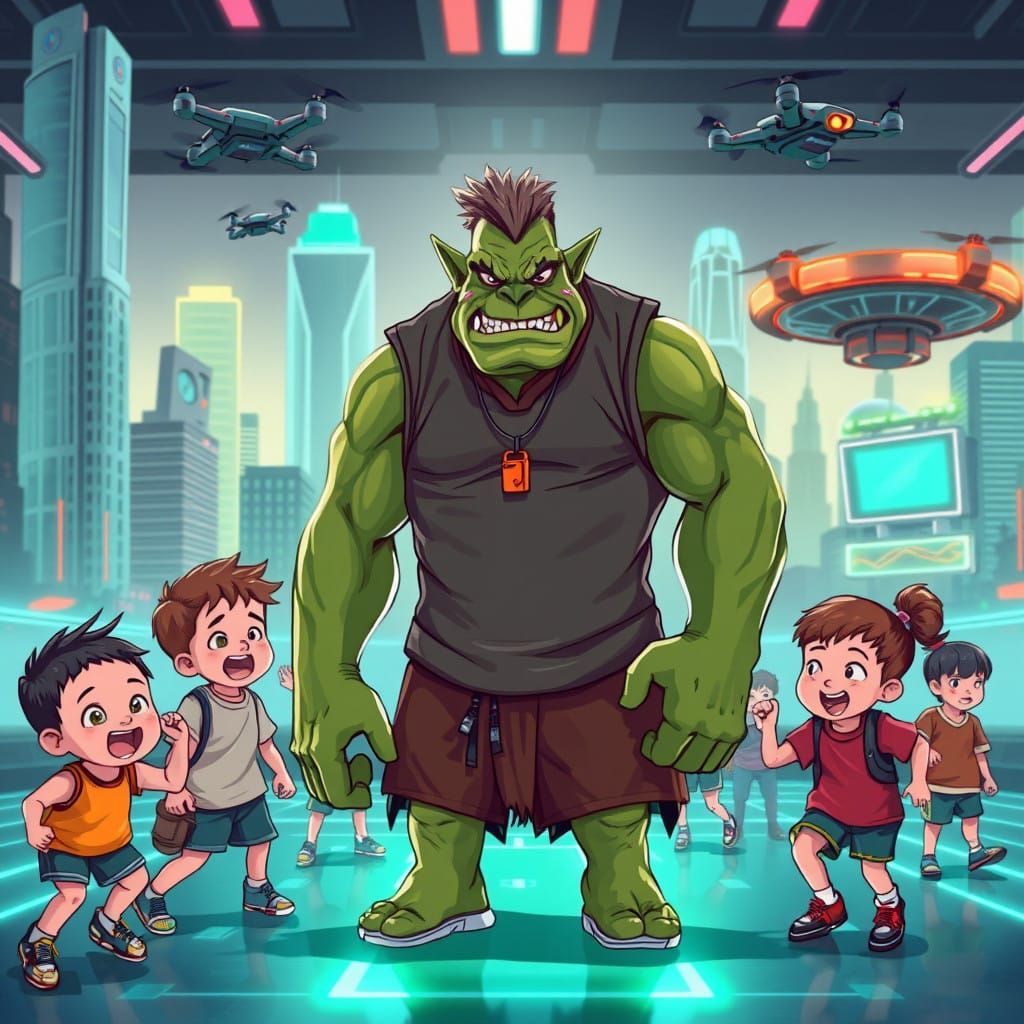 Lovable Green Orc Teaches Future Athletes in High-Tech Gym
