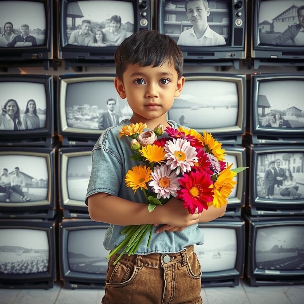 Boy in Front of Vintage TV Screens with Vibrant Flowers
