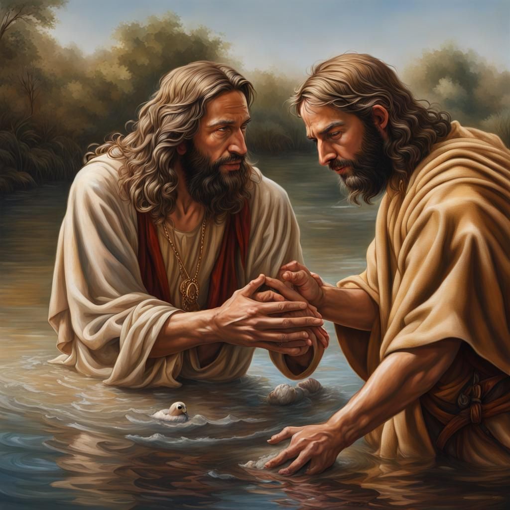 John Baptizes Christ: Hyperrealistic Splash Art