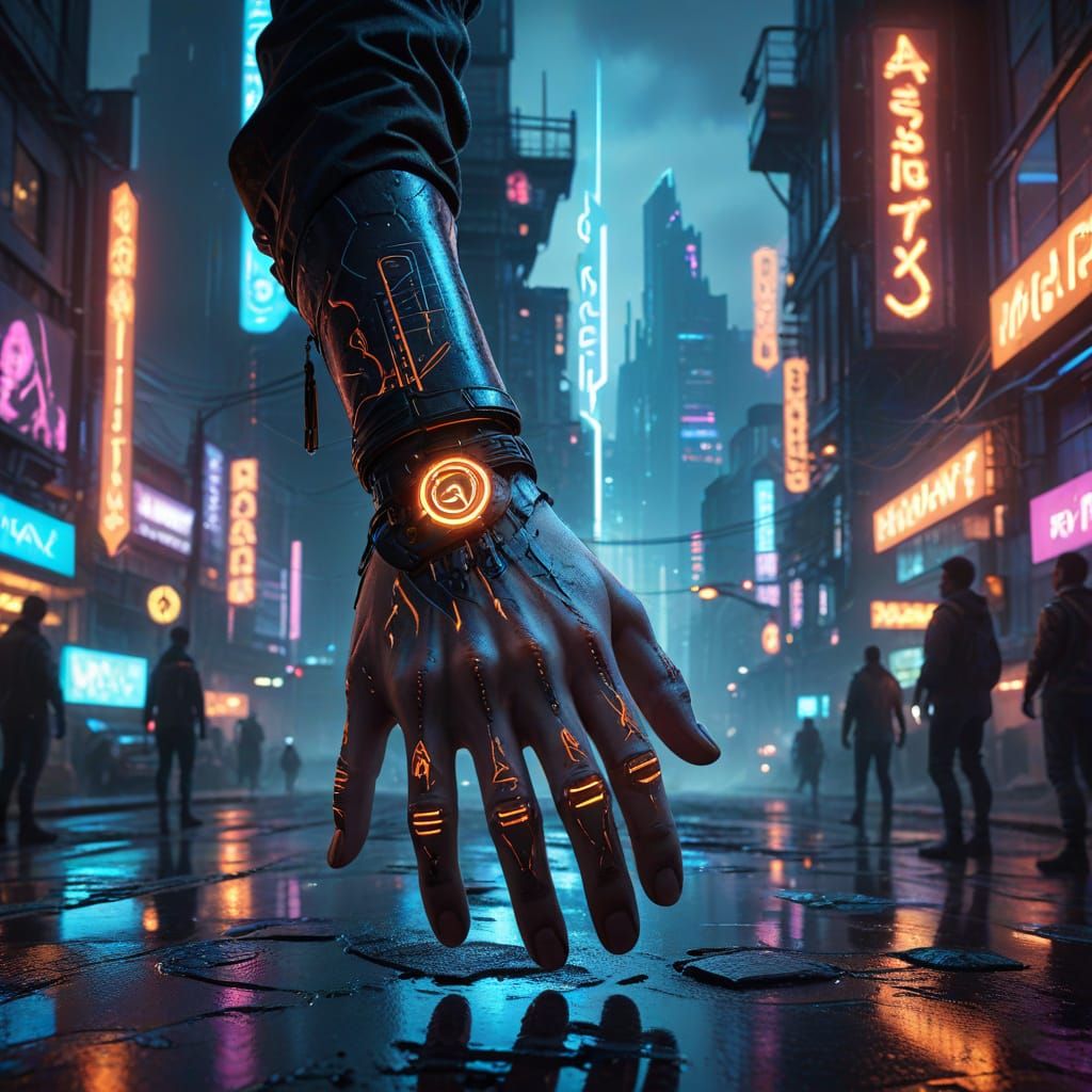 Cyberpunk Elementalist in Neon-Lit Dhamsphearal Cityscape