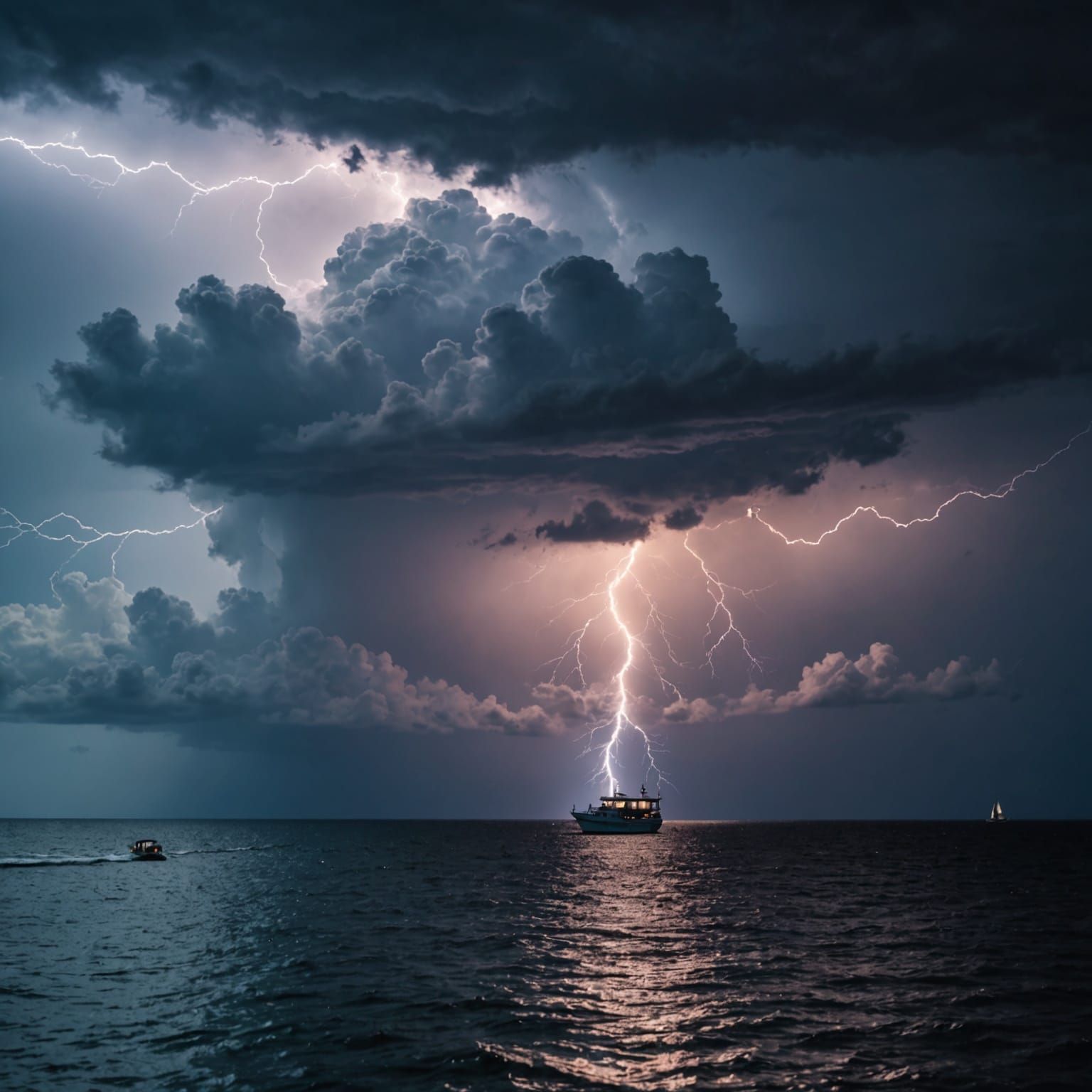 Dramatic Seascape: Lightning Strikes Over Calm Waters