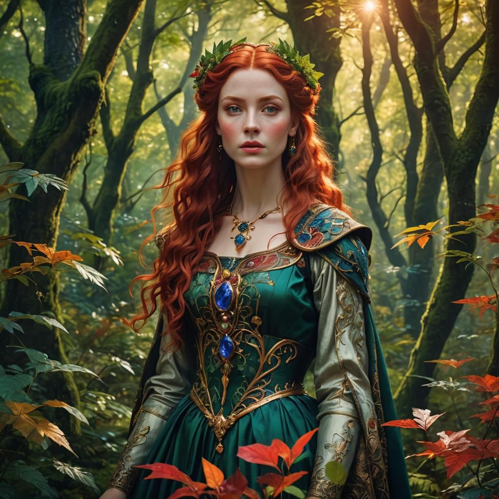 Red Haired Beauty in Forest, Pre-Raphaelite Style