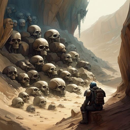 Space Marine Contemplates Giant Skeletons in Desert