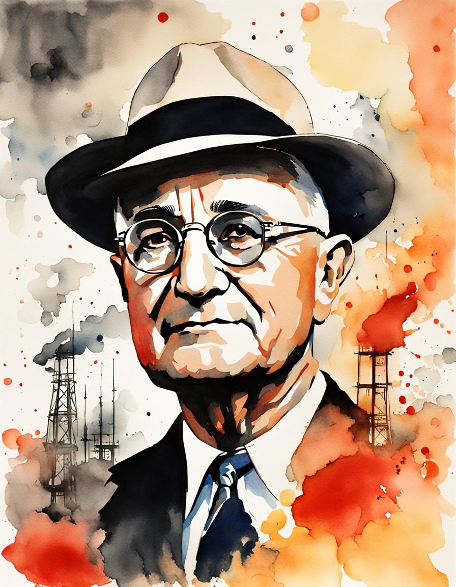 Harry Truman Portrait with Atomic Bomb, Watercolor Art Deco
