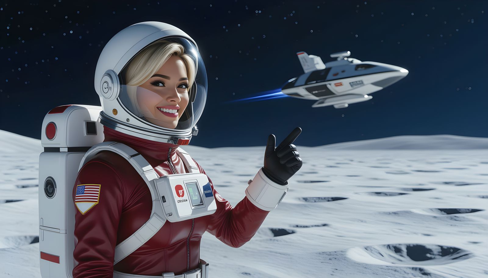 Astronaut Directs Spaceship on Desolate Moon in 8k