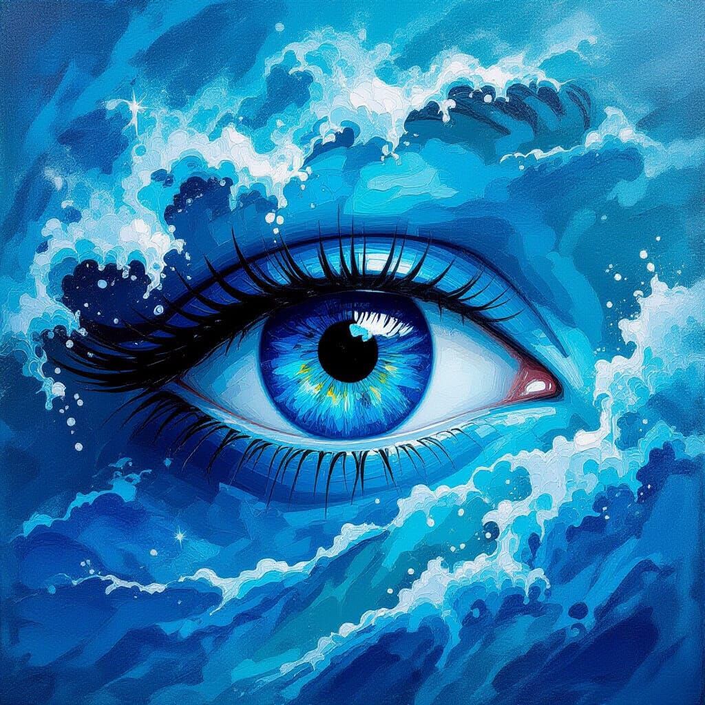 Blue Evil Eye Amidst Swirling Turquoise Ocean Waves