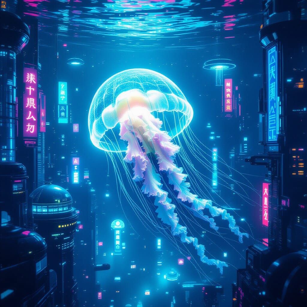 Bioluminescent Jellyfish in Futuristic Underwater City