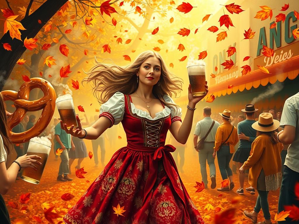 Oktoberfest Scene with German Woman in Chagall Style