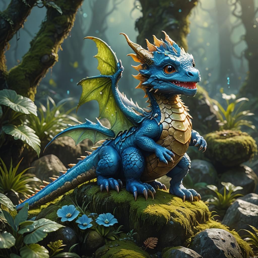 Cute Blue Dragon on Mossy Stone: Digital Art