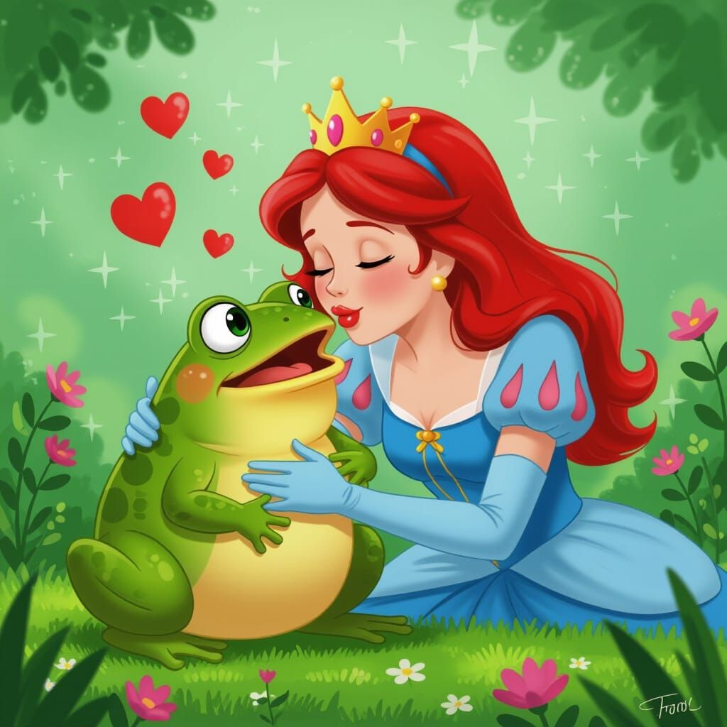 Princess Cuddles Bullfrog in Cartoon Fairytale