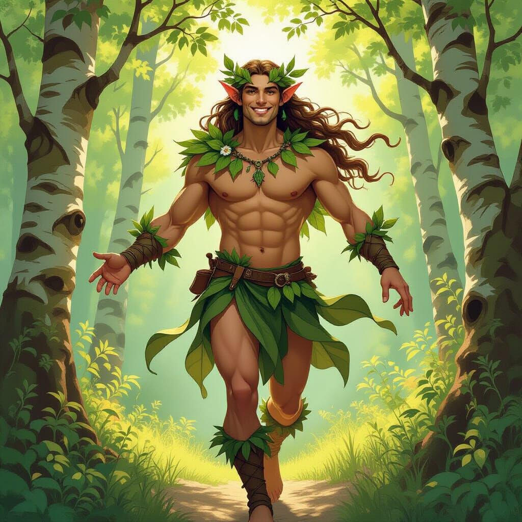 Male Dryad Striding in Sunlit Forest, Art Nouveau Style