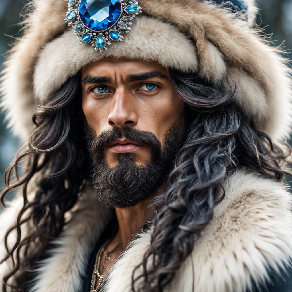 Elegant Gentleman with Wild Hair and Beard in Luxurious Fur....