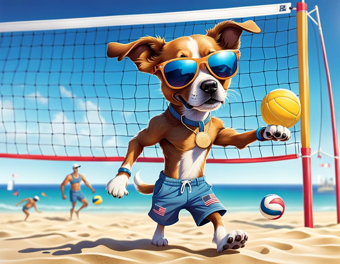 Anthropomorphic Dog Plays Beach Volleyball at Summer Olympic...